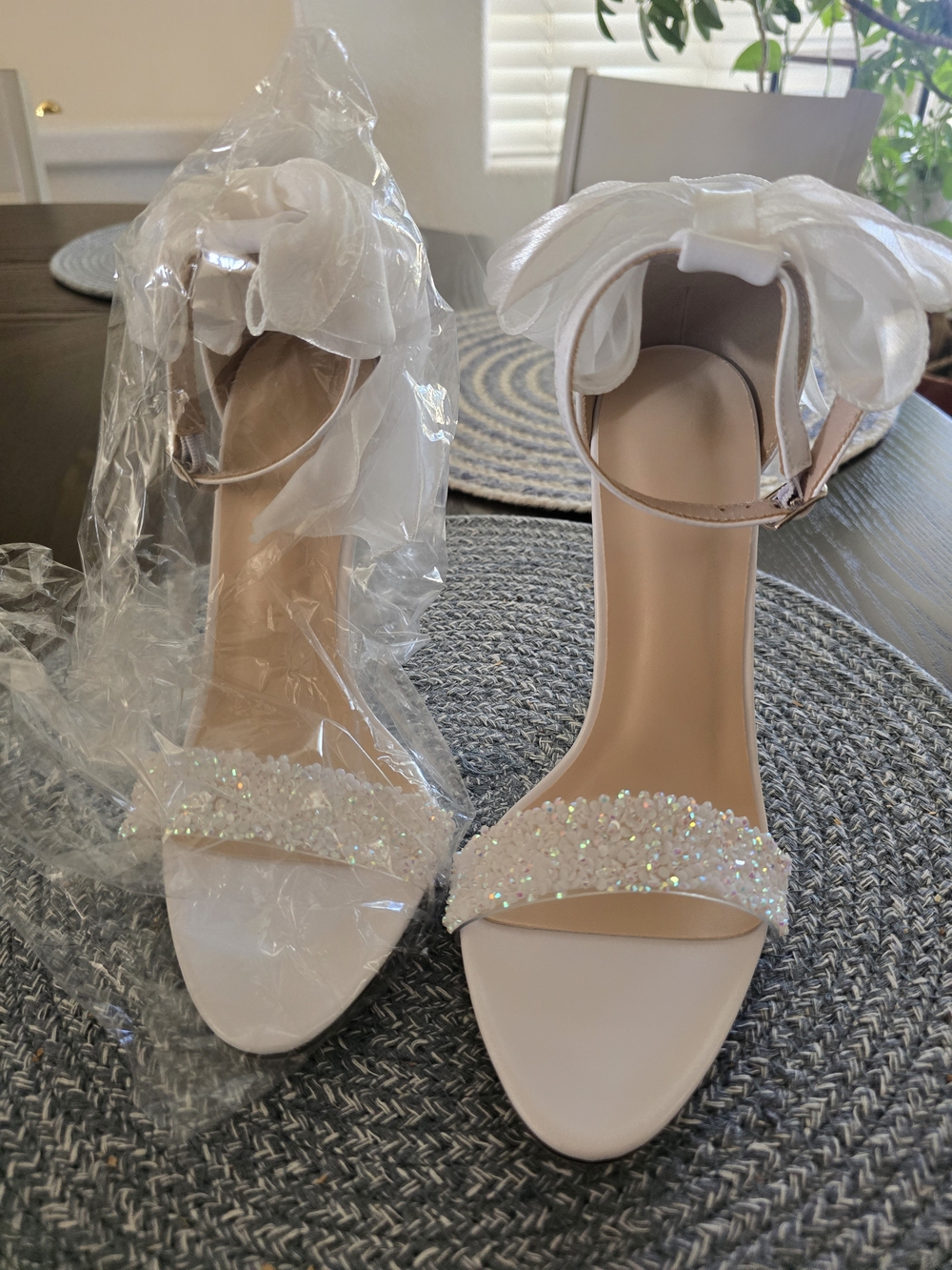 Elegant White Satin Bridal Heels with Crystal Strap - Picture 2 of 7